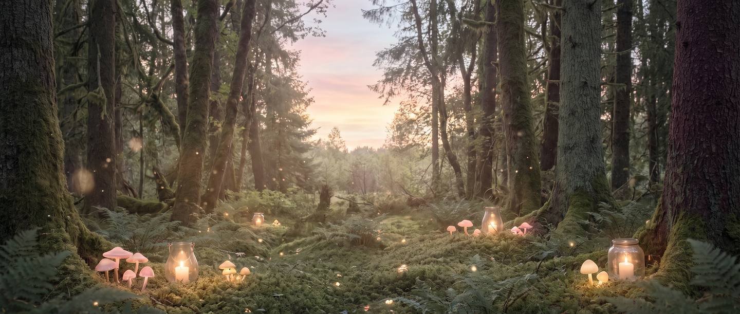 A twilight forest clearing with soft drifting light and moss-covered ground.