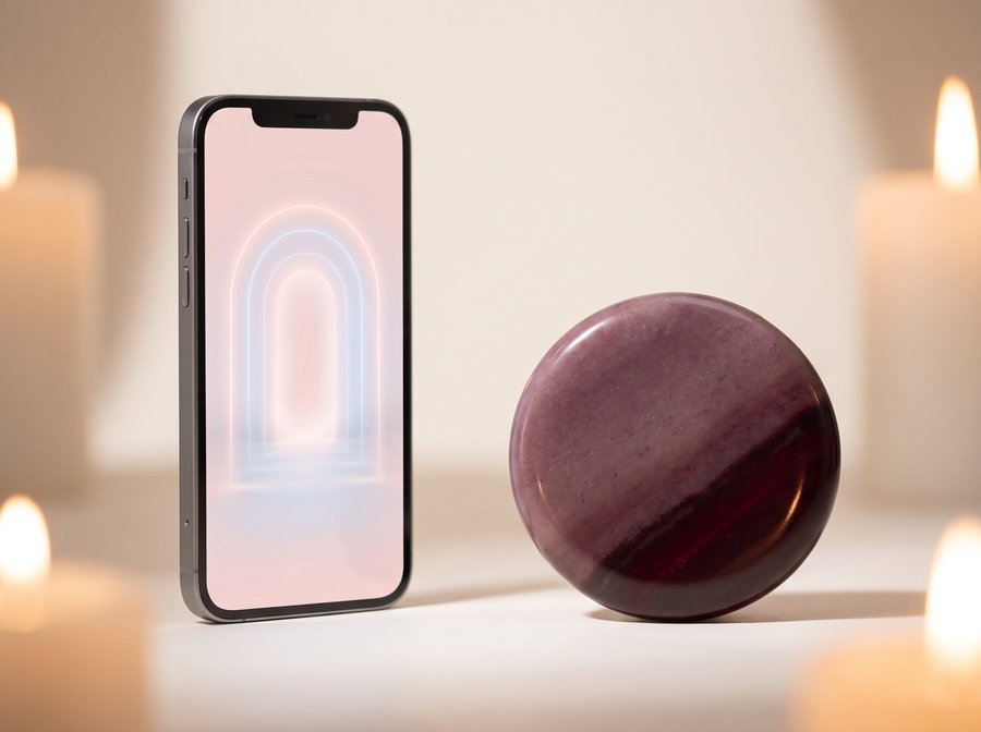 A polished stone keepsake beside a phone showing an opening portal.