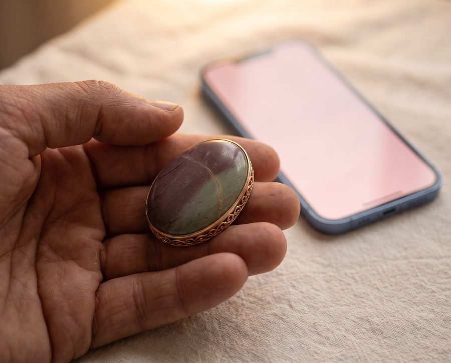 A phone touched against a keepsake stone, opening the Remembrance.